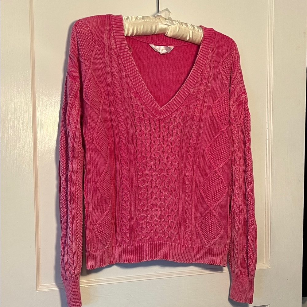 Distressed shrunken Pink V-Neck Cable Knit Sweater size medium 100%cotton - Picture 1 of 10